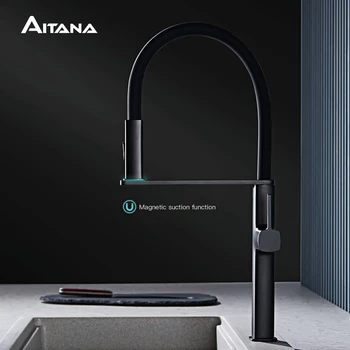 Rubinetto da cucina di lusso in ottone nero dal design semplice, miscelatore per lavello con acqua calda e fredda estraibile con aspirazione magnetica 1