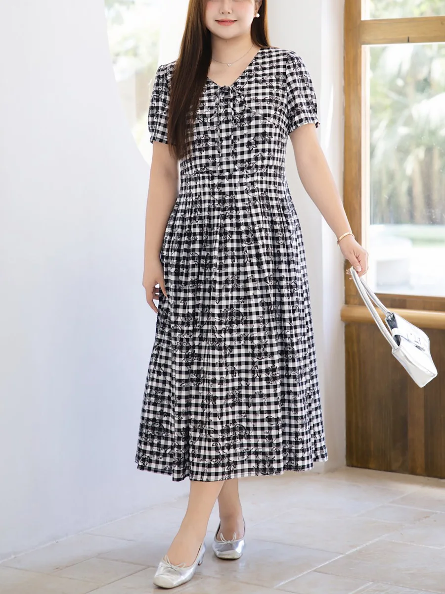 Plaid Rose Print V-neck Dress Plus Size Women Commuter French Short Sleeve Pleated A-line Dresses 9104