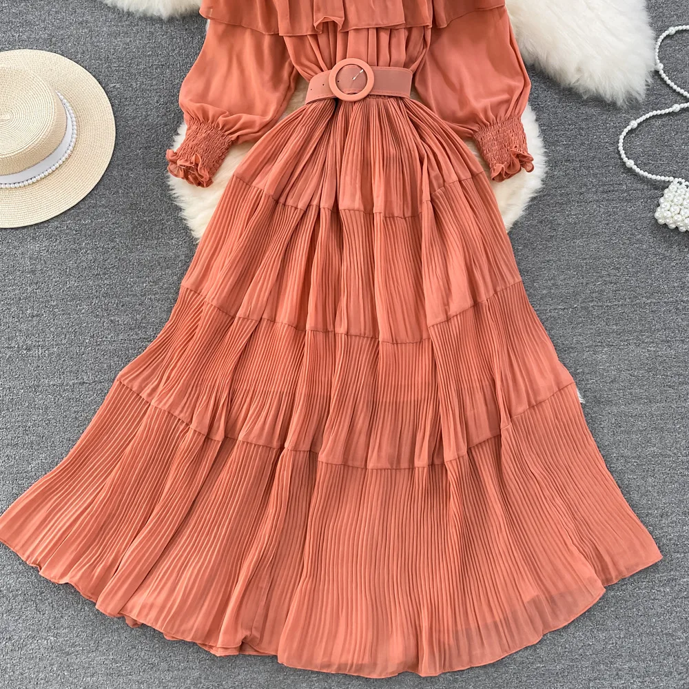 Women Vintage Off Shoulder Dress Chiffon Summer Sweet Lotus Leaf Edge Elegant Pleated Dresses Ladies Evening Party Long Dress
