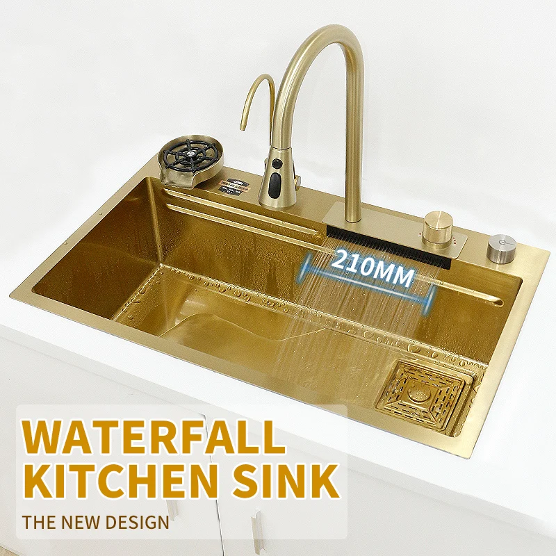 

Waterfall Kitchen Sink Gold 304 Stainless Steel Modern Multifuctional Large Sink Above Counter Apron Front Installation