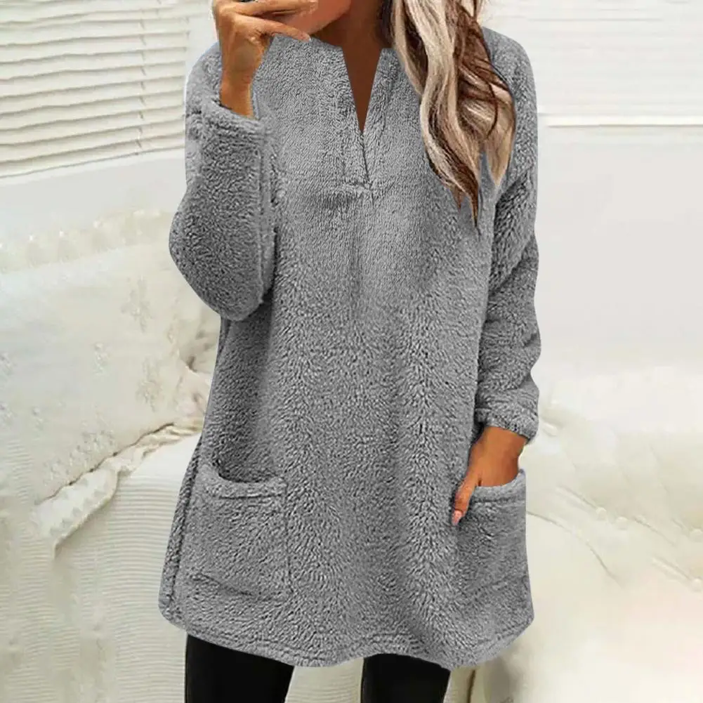 

Mid Length Winter Top Cozy V-neck Women's Sweatshirt with Plush Fabric Pockets Cold-resistant Warmth for Fall Winter Soft Poly