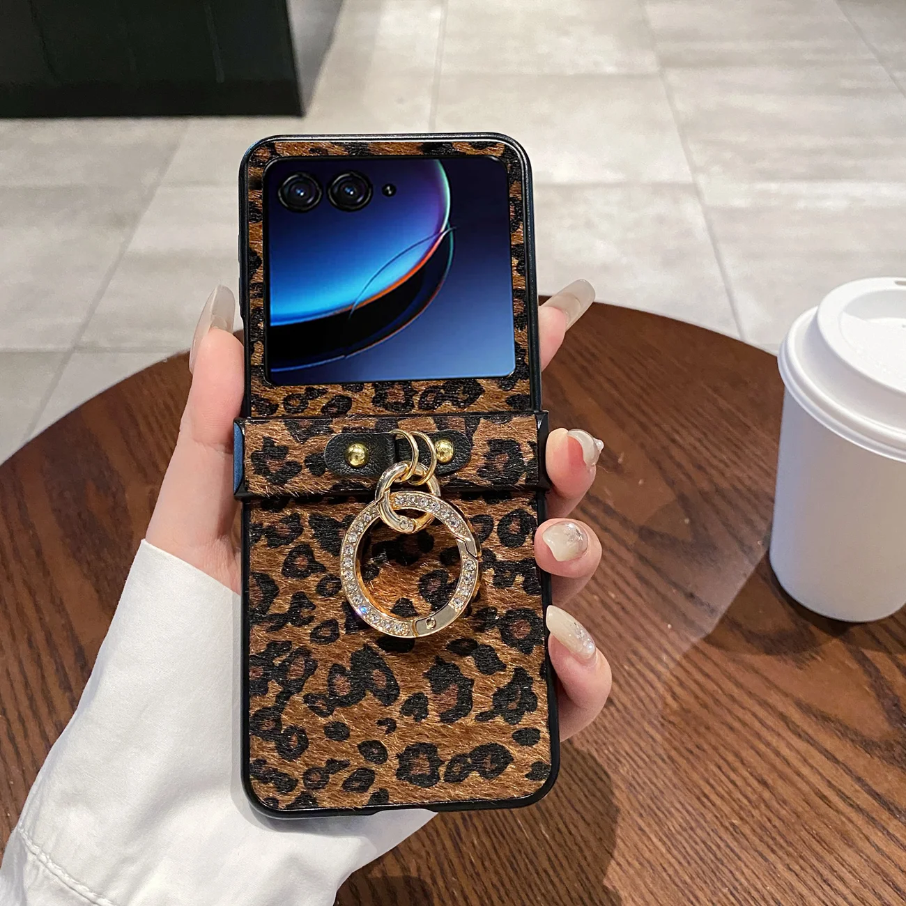 Chic Leopard Leather Plush Cover with Diamond-Plated Ring Buckle