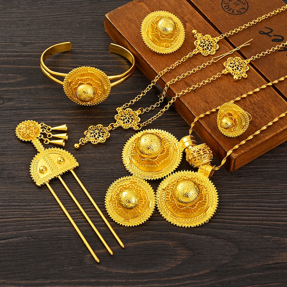 Ethiopian Habesha Jewelry Set | Gold Color Necklace, Earrings & Ring Set With Rhinestones - View #2