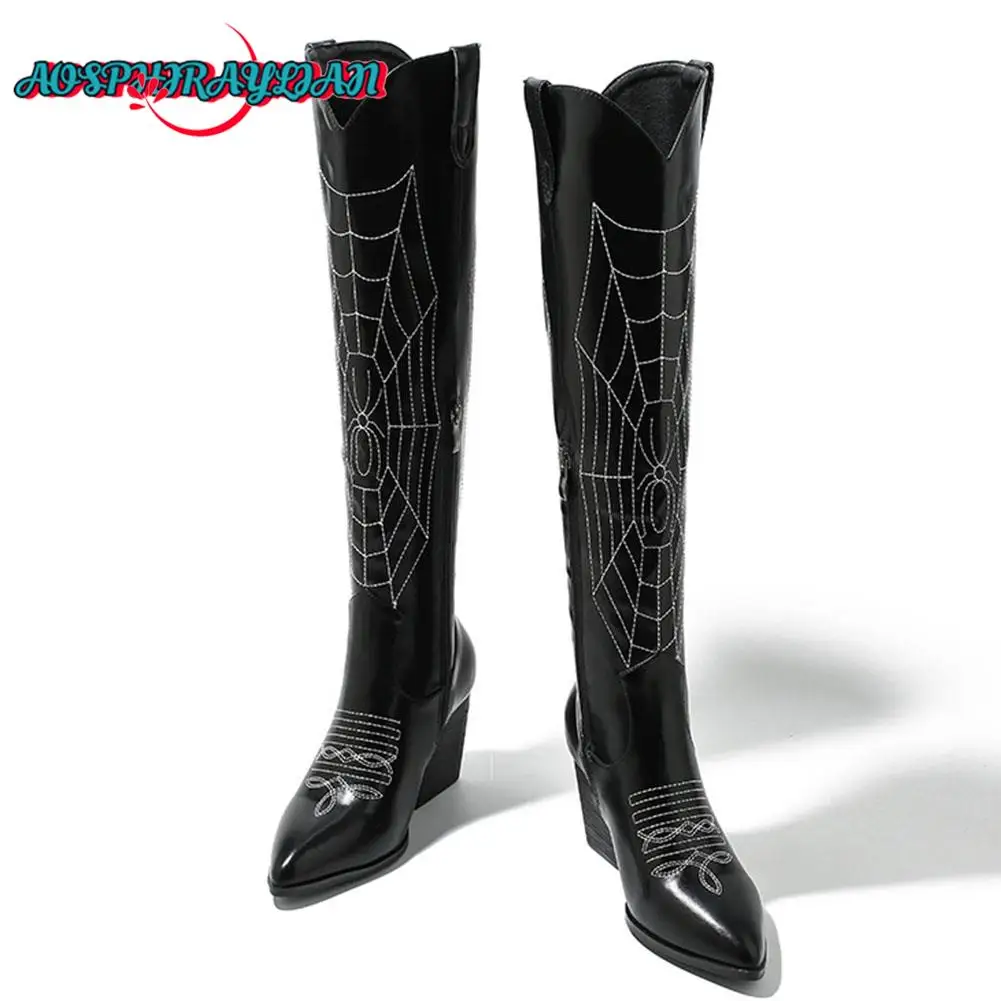 Brand Ladies Pointed Toe Knee High Cowboy Boots Fashion Embroider Cobwebs Chunky Heel women's Cowgirl Boots Party Woman Shoes