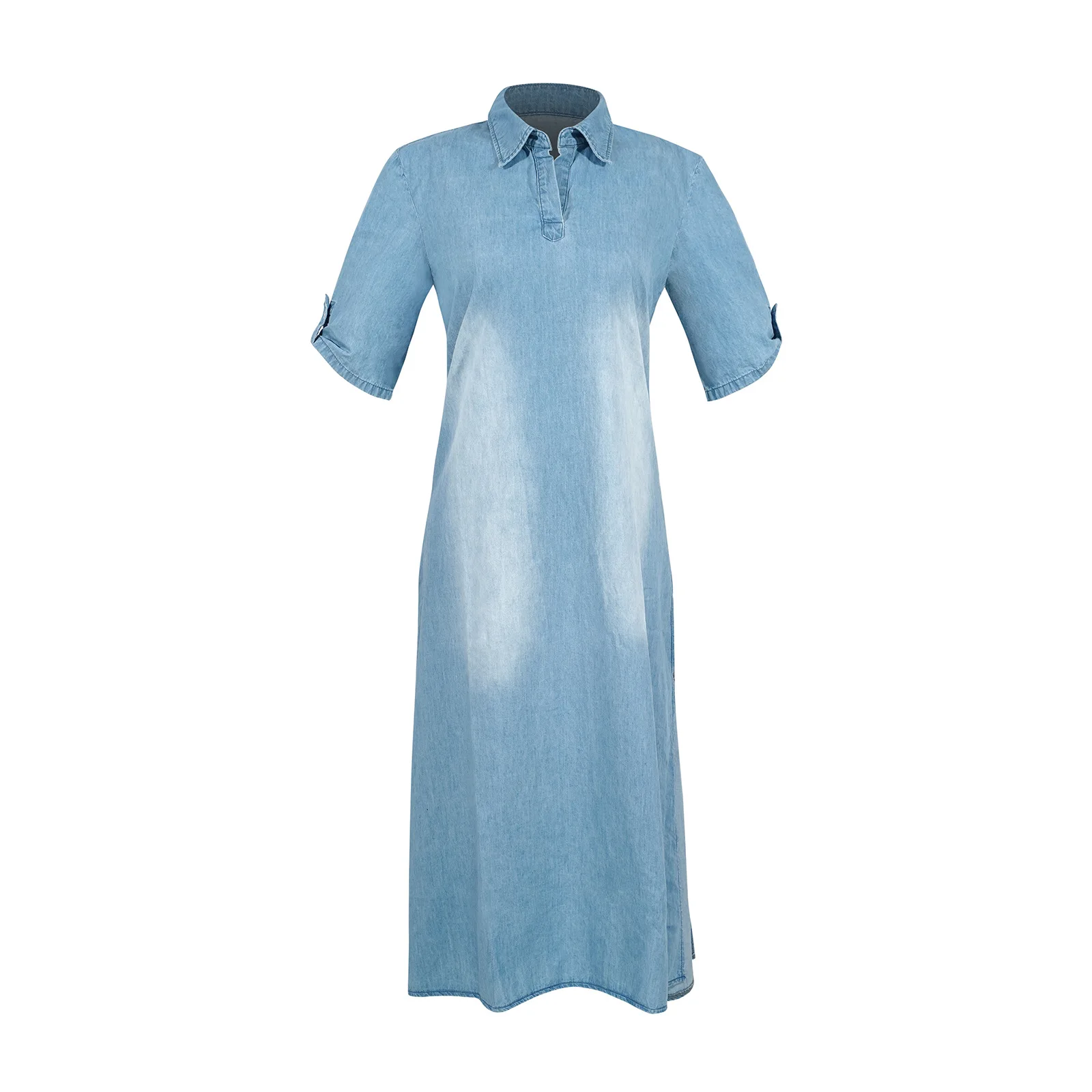 Loose Short-sleeved Denim Dress for Women, New Spring and Summer Fashion  Solid-color Casual Polo Collar Slit Design Long Dress - AliExpress 200000345