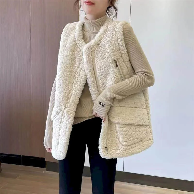 thumbnail image 1 of Chalecos de vellón para mujer, chalecos de felpa de longitud media, cárdigans casuales sin mangas con cuello redondo, chaquetas de invierno de gran tamaño, blusas holgadas para mujer, 1 of 4