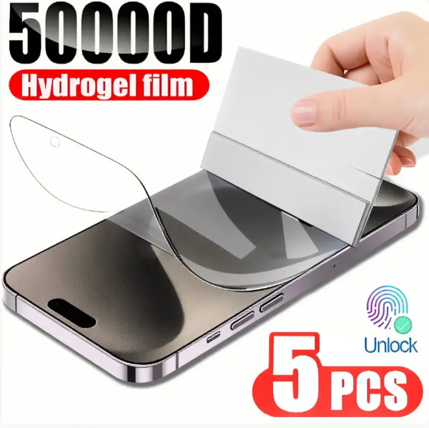 5 Piezas de Película de Hidrogel para iPhone 17 16 16e 15 14 13 12 11 Pro Max Plus 12 13 Mini 8 7 Plus SE XR X XS, Protector de Pantalla Completo
