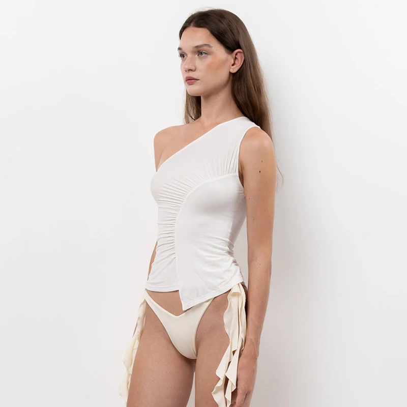 Camisetas de tirantes de verano para mujer, blusa camisola ajustada de color liso sin mangas con un solo hombro, ropa estética