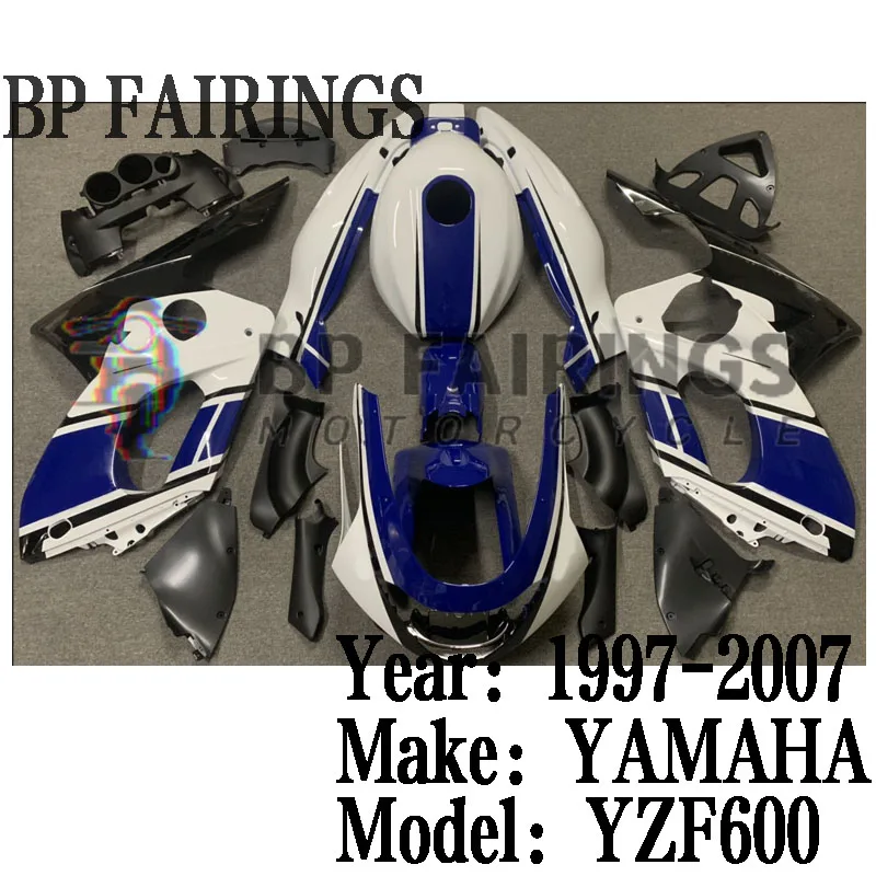 

Комплект обтекателей ABS для мотоцикла, подходит для YZF600 1997 1998 1999 2000 2001 2002 2003 2004 2007, комплект обтекателей кузова белого и синего цвета
