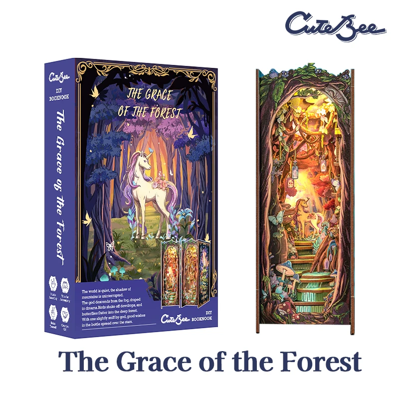 CUTEBEE Wooden 3D Puzzle DIY Book Nook Kit Miniature Dollhouse with Light Dust Cover Bookshelf Insert for Child Birthday Gift 6