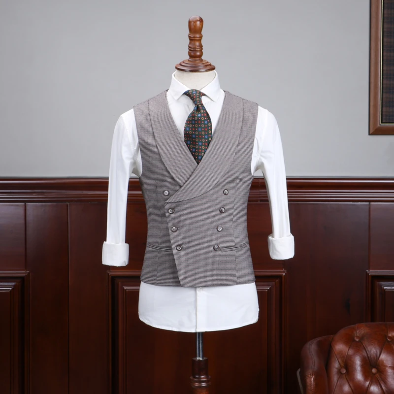 Men's Suit Vest Gray Houndstooth Lapel Collar Double Breasted Retro Steampunk Waistcoat Male Gentleman Business Waistcoat
