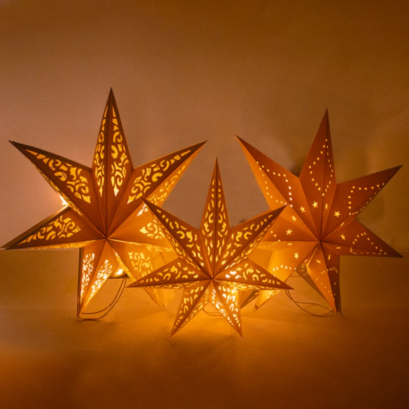 Hollow Out Star LED Light Party Pendant Ornament Glowing 3D Star Window  Grille Paper Lantern Hanging Home Decoration Wedding