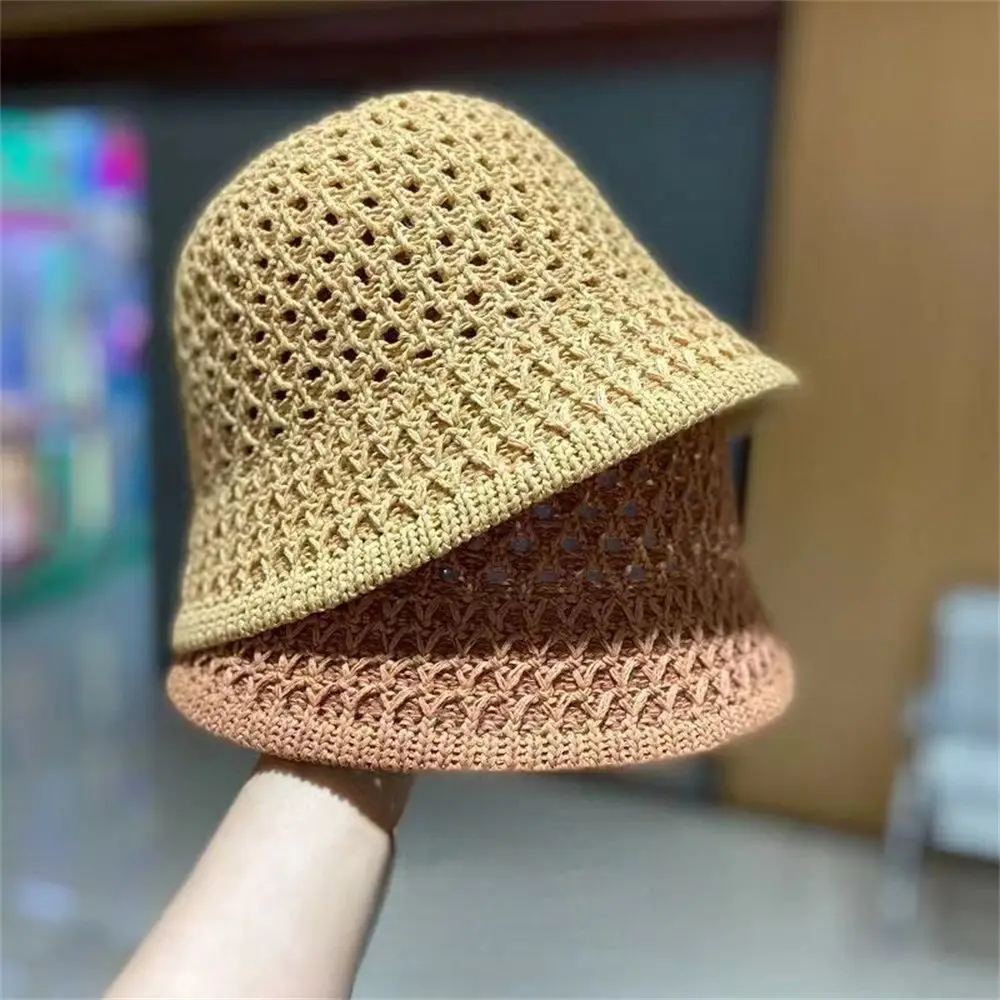 Solid Handmade Crochet Floppy Top Summer Hats For Women Hollow Out Knit Dome Bucket Hat Wide Brim Foldable Beach Caps