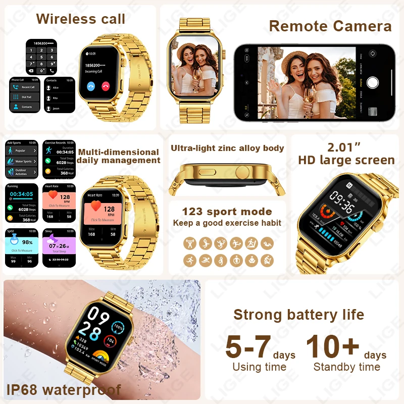 LIGE 2.01" Ultra Smartwatch Men Bluetooth Call Blood Pressure Fitness Tracker IP68 Waterproof Smart Watch Women For IOS Android