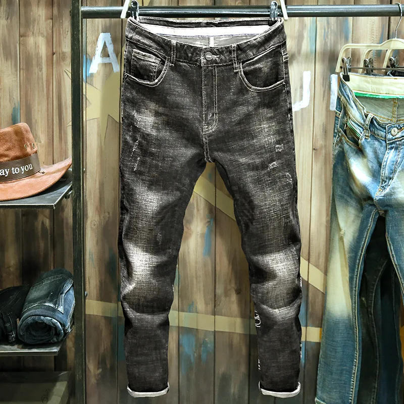 Summer 2021 Hot Heavy Embroidery Black Men's Jeans Small Feet Slim Brand Authentic High-end Stretch Pants Korean Chinese Style