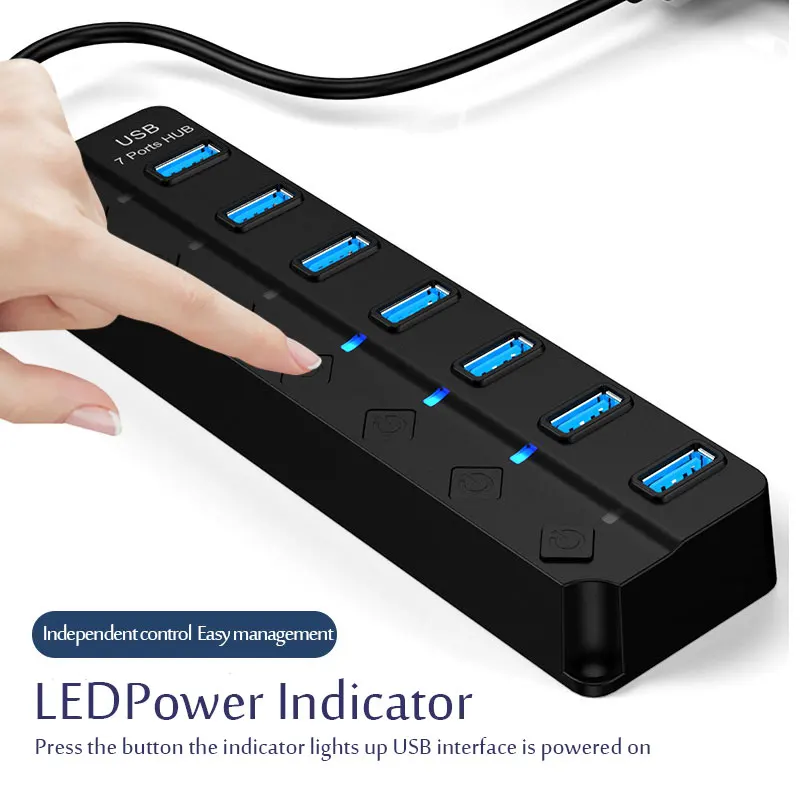 USB Hub with Power Adapter and On/Off Switch - 4/7 Port Multi-Port Expander