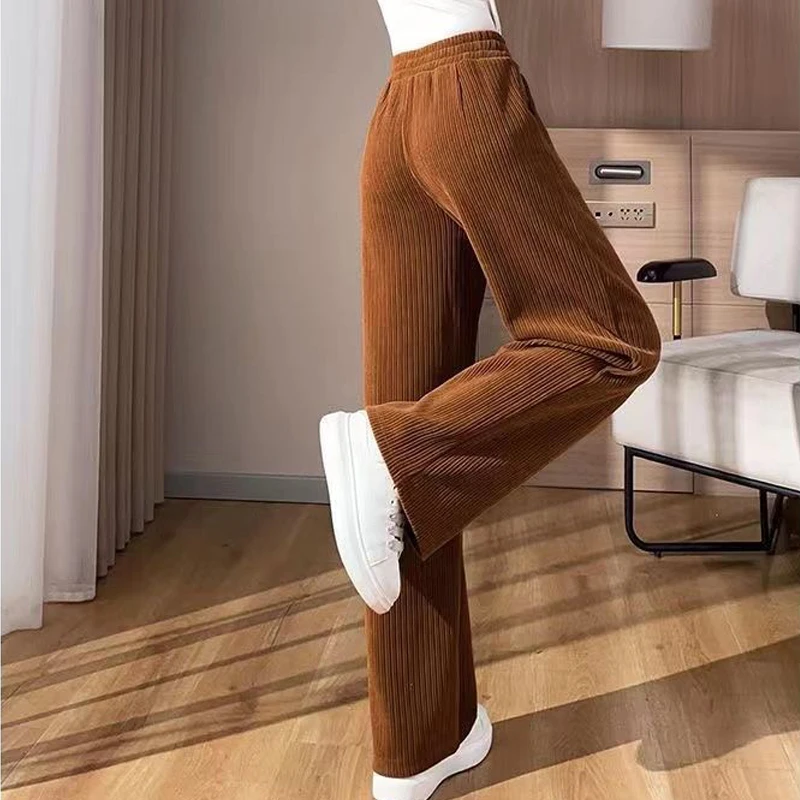Women Korean Fashion Casual Streetwear High Waist Wide Leg Pants Autumn Winter Female Solid Loose Plush Thick Straight Trousers