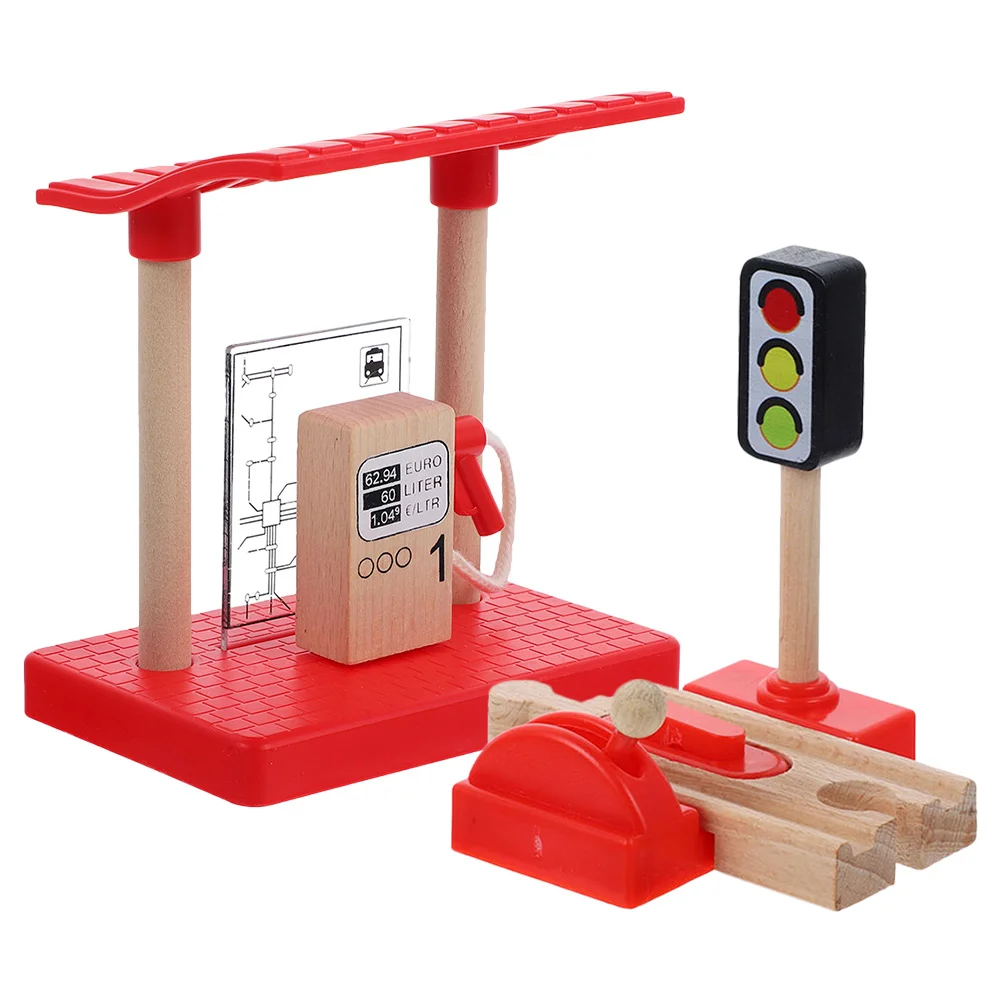 Train Track Accessories DIY Road Block Plaything Kit Toy Prop Gas Station Assembly Sand Table Ornament Plastic Wood Decor Child
