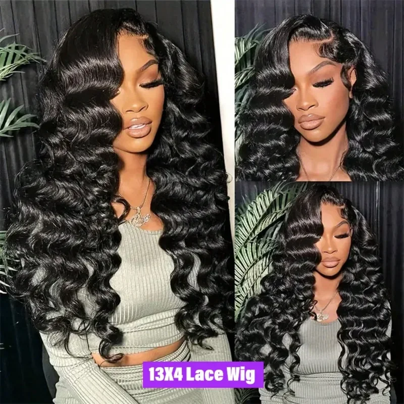 26 Inch Deep Curly Human Hair Wig 13x4 Loose Deep Wave Lace Front Wigs 250% Density Natural Black HD Transparent Lace