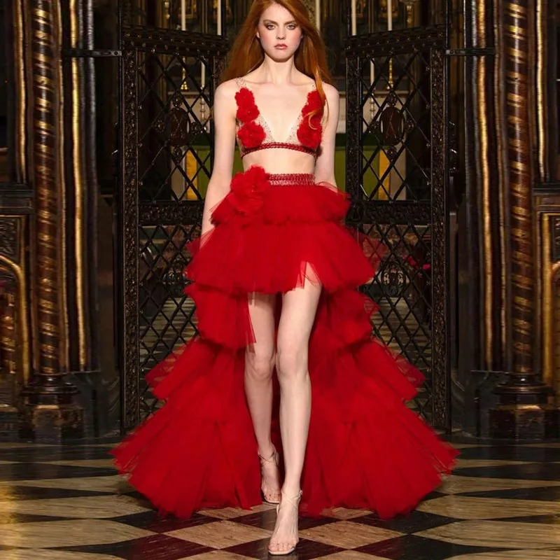 

Fashion Red High Low Skirt Women 5 Layers Tiered Tulle Prom Party Maxi Skirts Custom Made Ruffles Long Evening Skirt Faldas 2023