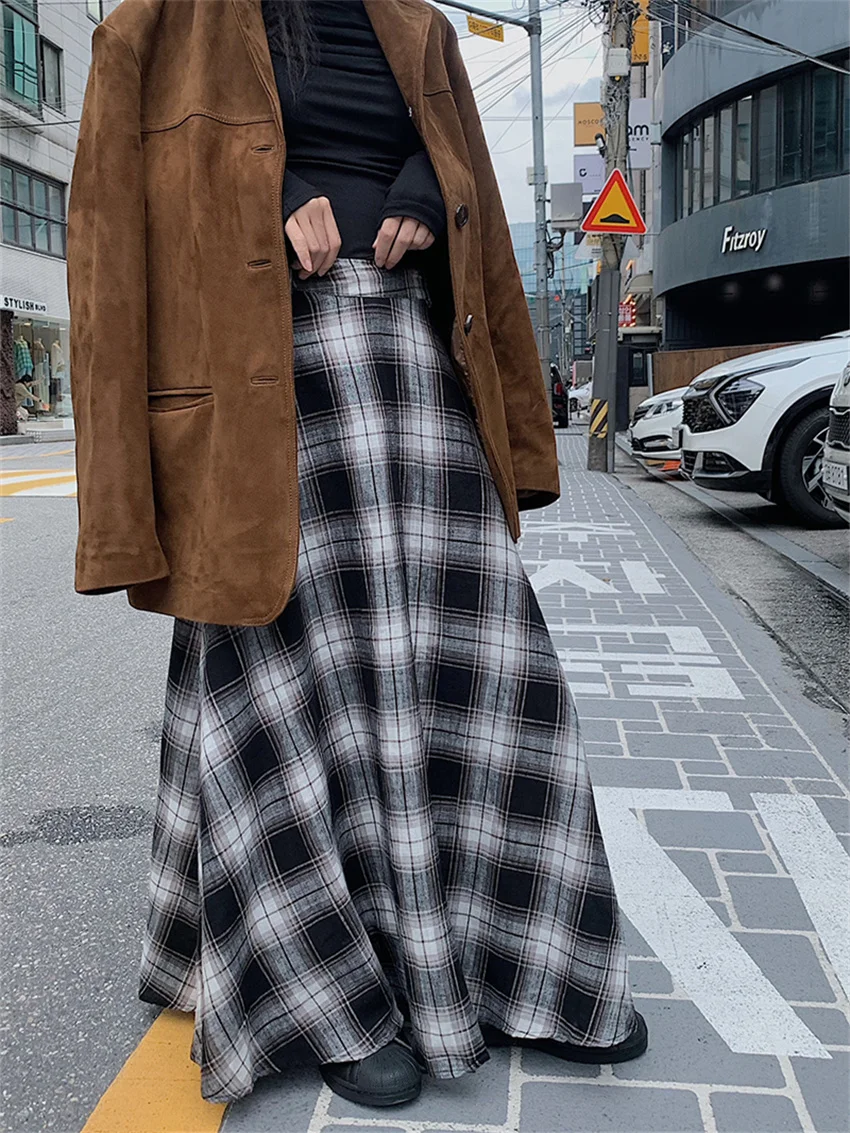 

Alien Kitty Suede Fabric Women Blazers OL Plaid A-Line Winter Elegant 2023 New Maxi Skirts Chic Daily Vintage Slim Office Lady