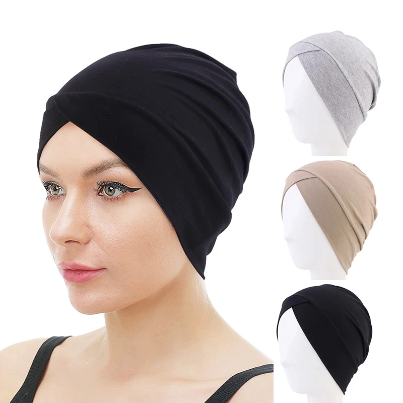 

Ramadan Women Modal Inner Hijab Caps Headwear Islamic Cross Headband Turban Hair Loss Cancer Chemo Cap Stretch Headwear Hat Cap