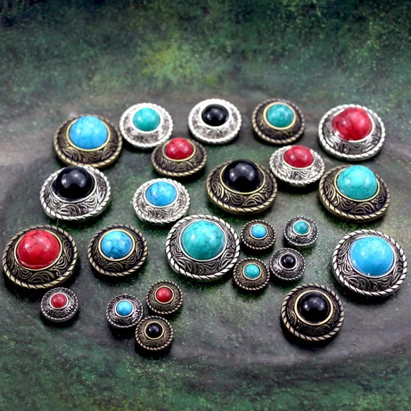 

5PCS Retro Imitation Turquoise Round Decorative Concho Buttons Metal Castings Conchos Screw Back DIY Leather Craft Accessories