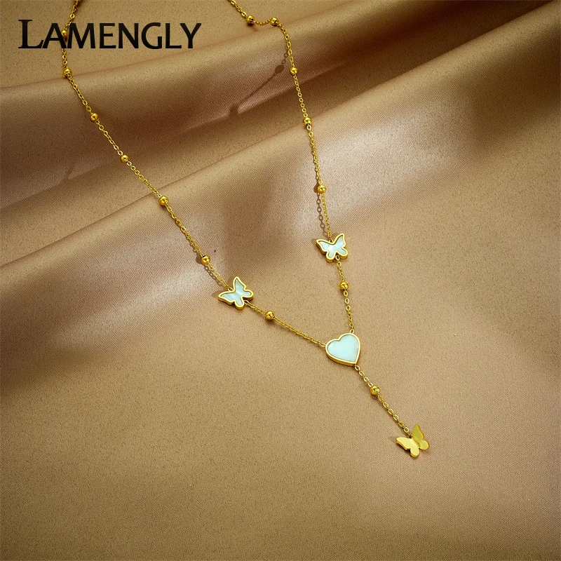 

LAMENGLY 316L Stainless Steel White Heart Butterfly Long Pendant Necklace For Women New 2022 Girls Clavicle Chain Jewelry Gifts