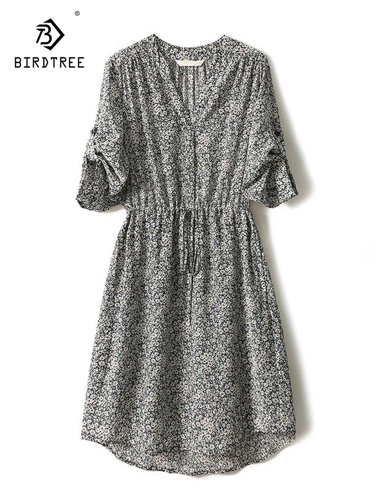 

Birdtree 100%Mulberry Silk French Minimalism Dresses Gentle Temperament Lace Up High Waist V Neck Office Lady Dress D30727QC