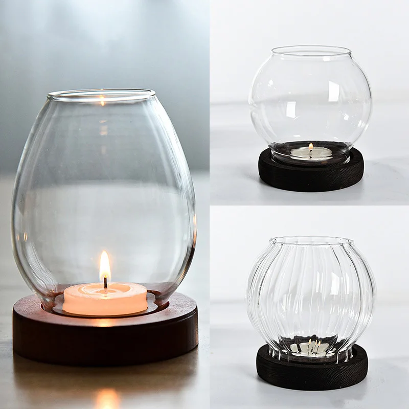

Creative Transparent Glass Candle Holder Retro Round Windproof Candle Cover Dinner Glass Crafts Christmas Wedding Party Decor