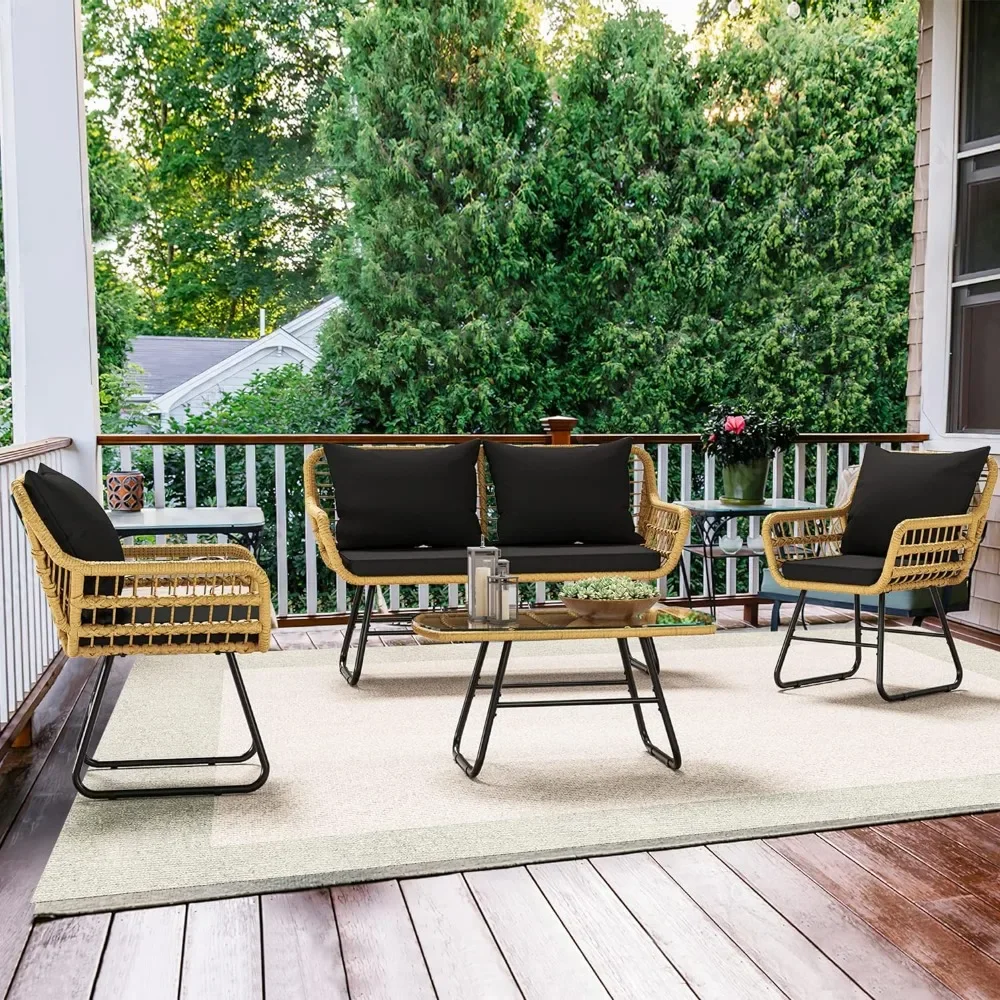 

Outdoor Chairs 4-Piece, Rattan Conversation Loveseat Chairs for Backyard, Balcony and Deck with Soft Cushions and Metal Table