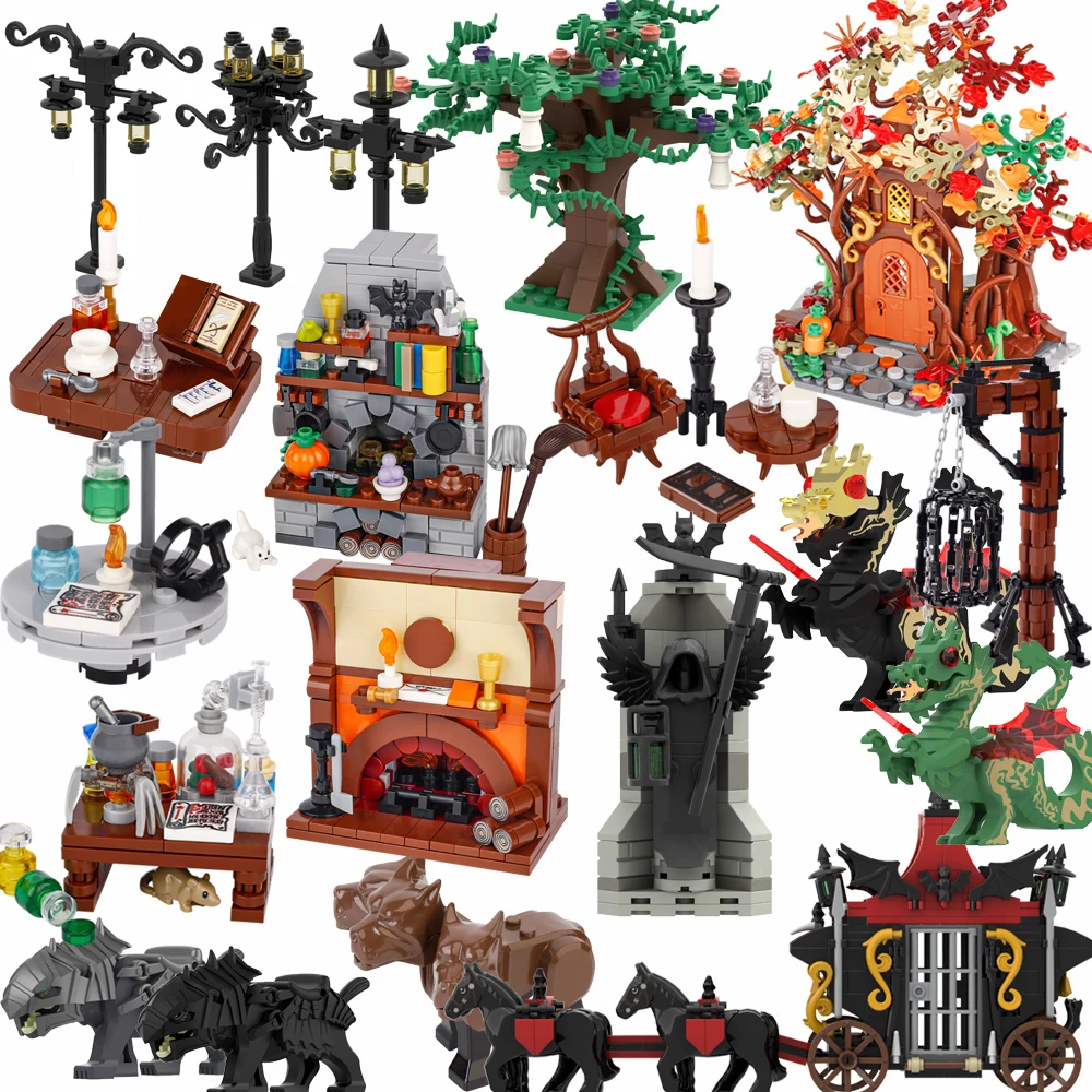 Medieval City MOC Building Blocks Military Soldier Figures Castle Tower Fountain Pool Bulletin Board Bricks Kid Halloween Toy medieval military building blocks