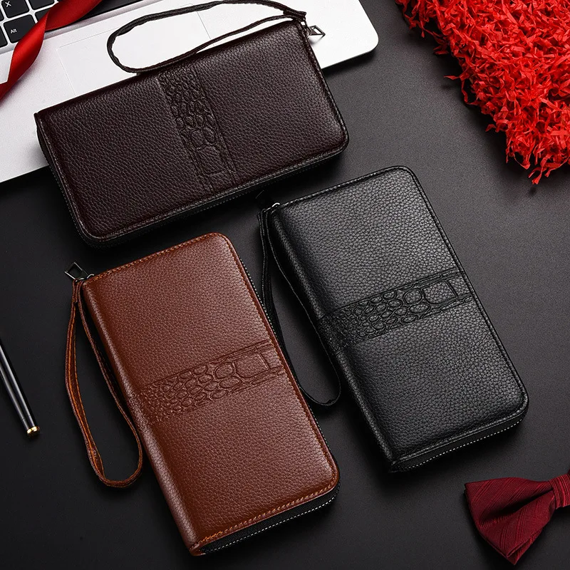 Men's Wallets Long Quality PU Leather Wallet Men Zipper Coin Pocket Purse Youth Business Clutch Phone Bag