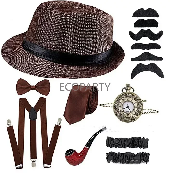 Disfrace Halloween 1920s Mens Gatsby Gangster Accessories Set Panama Hat Suspender Bow Tie 20s Great Gatsby Cosplay Accessories