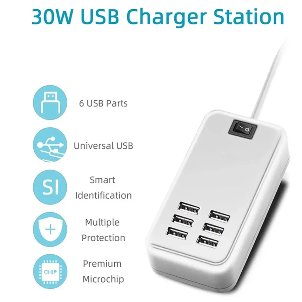멀티 포트 USB 충전 스테이션 허브 어댑터, 스마트폰 태블릿 노트북용 USB 분배기, 6 in 1, 30W