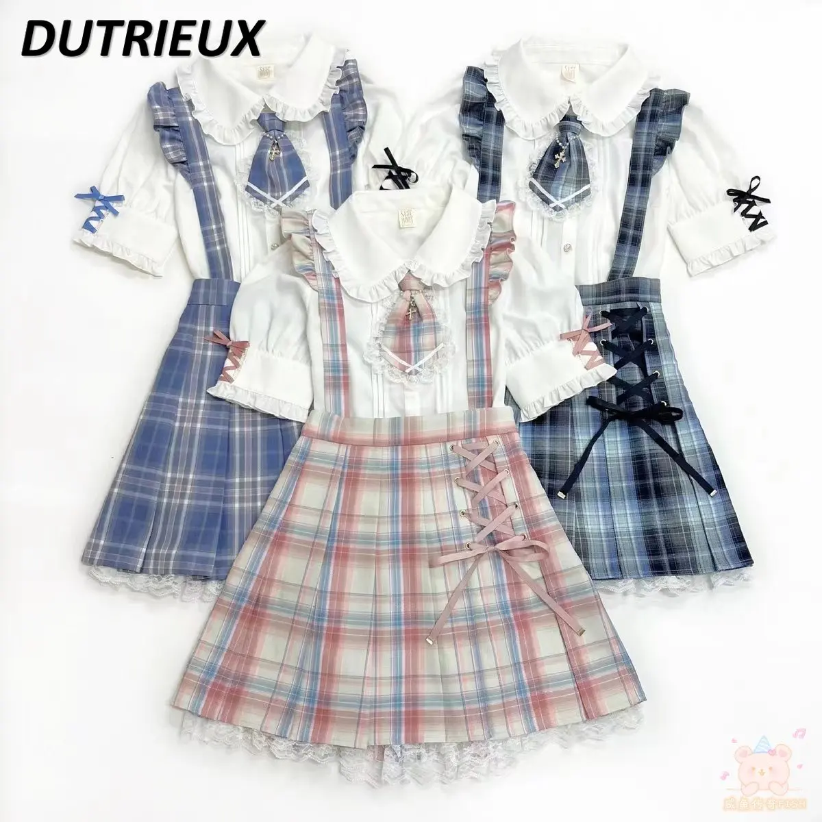 

SC Rabbit Bow Plaid Uniform Jk Shirt Japanese Style Suspender Skirt Student Summer 2023 New Rojita Lolita Style Short Skirt Set