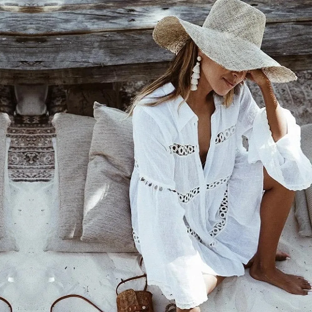 여성 수영복 커버 업 만다린 슬리브 카프 탄 비치 튜닉 드레스 Robe De Plage Solid White Pareo Beach