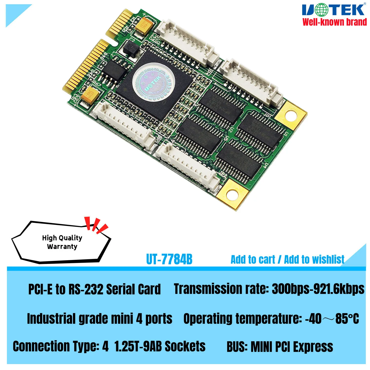 

UOTEK Mini PCI-E to RS-232 Serial Card PCIE PCI Express to RS232 4 Ports High Speed Converter DB9 ESD Anti-lightning UT-7784B