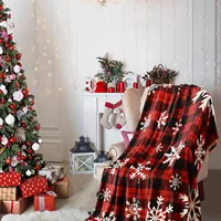 1PC Throw Christmas Red Plaid Flannel Blanket Snowflakes Xmas Holiday Throw Soft Lightweight Decorative Blankets Throws Gifts 2