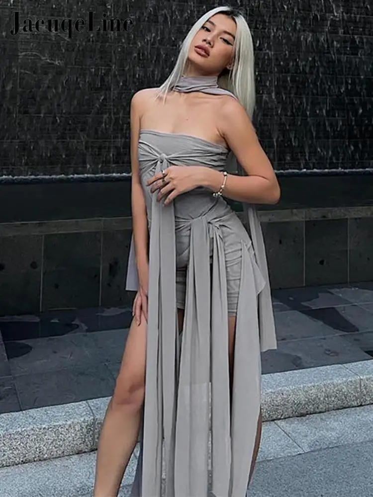 

Mesh Sexy Y2K Clothes Sleeveless Backless Bandage Tube Ruched Bodycon Mini Dresses For Women Club Party Elegant Outfits