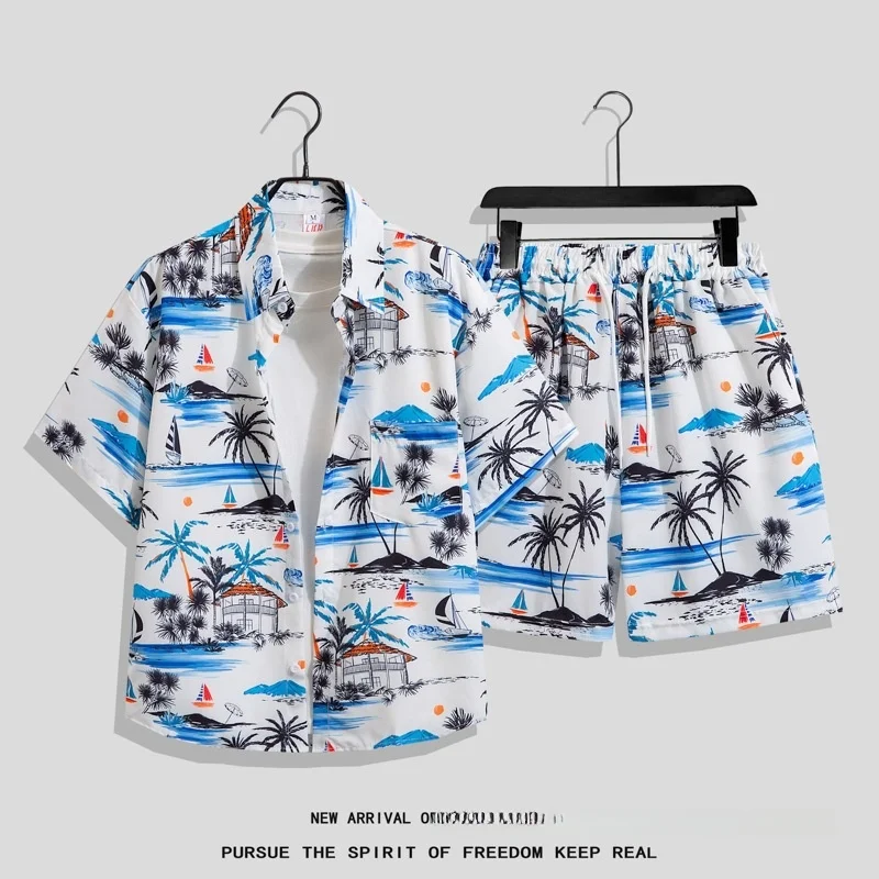 Retro Hong Kong Style Men's Short Sleeve Floral Shirt Summer Hawaii Thailand Vacation Beach Couple Shorts Beachwear Set