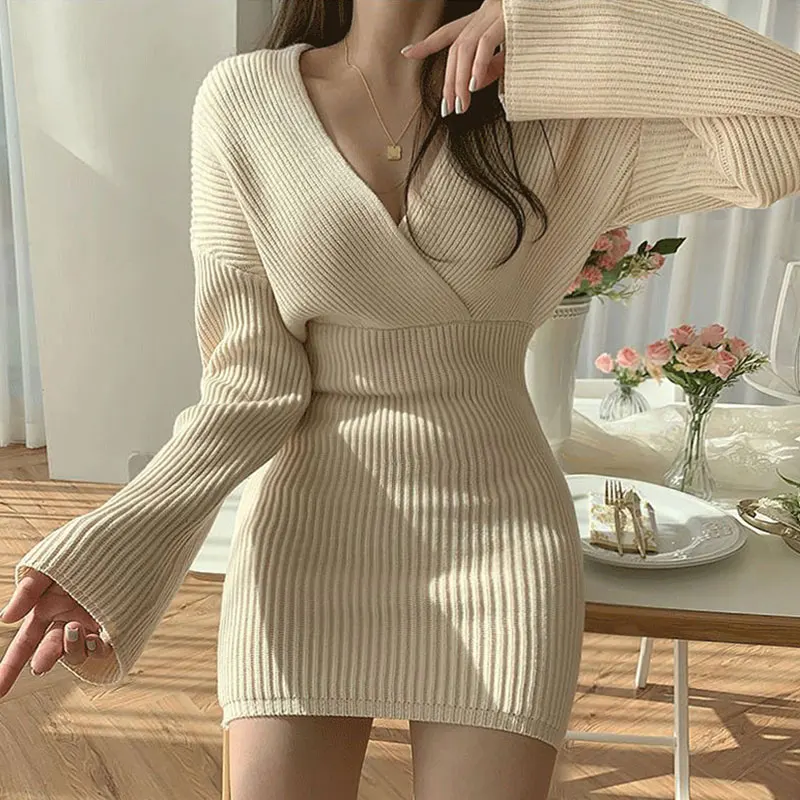 

Warm Elegant Autumn Woman 2022 Sweater Dress Women Solid Knitted New Korean Clothing Winter Thick Vintage Dresses Vestido Female