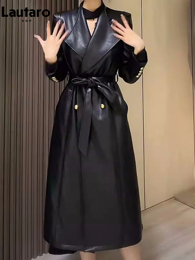 Lautaro-여성용 롱 PU 가죽 트렌치코트, 럭셔리, 엘레강트, 스타일리시, 시크, 다크 브라운, 블랙, 소프트, 런웨이, 패..