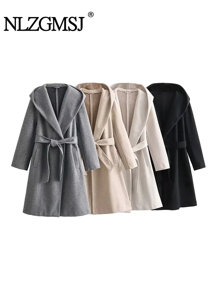 

TRAFTRAF 2023 Autumn Winter Women Tricolor Classics Hoodie Overcoat Elegant Solid Hooded Lace Up Warm Long Coat