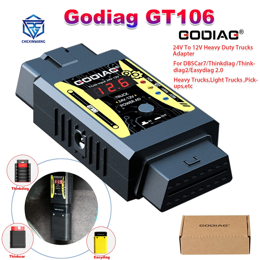 Адаптер преобразователя GODIAG GT106 для тяжелых грузовиков, переходник 24 В в 12 В для X431 Easydiag/ ThinkCar/ DBScar 7 / Thinkdiag 2 для OBD2 K-Line