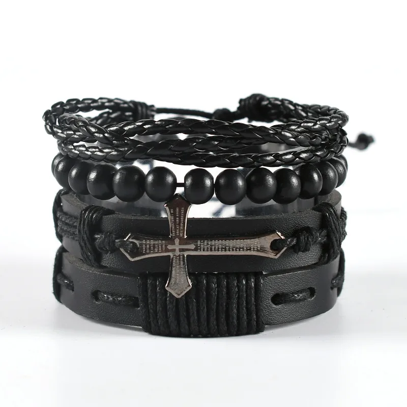 

2022 New Men's Bracelet Vintage Woven Suit Leather Bracelet Simple Multi-layer Scripture Cross Cowhide Bracelet