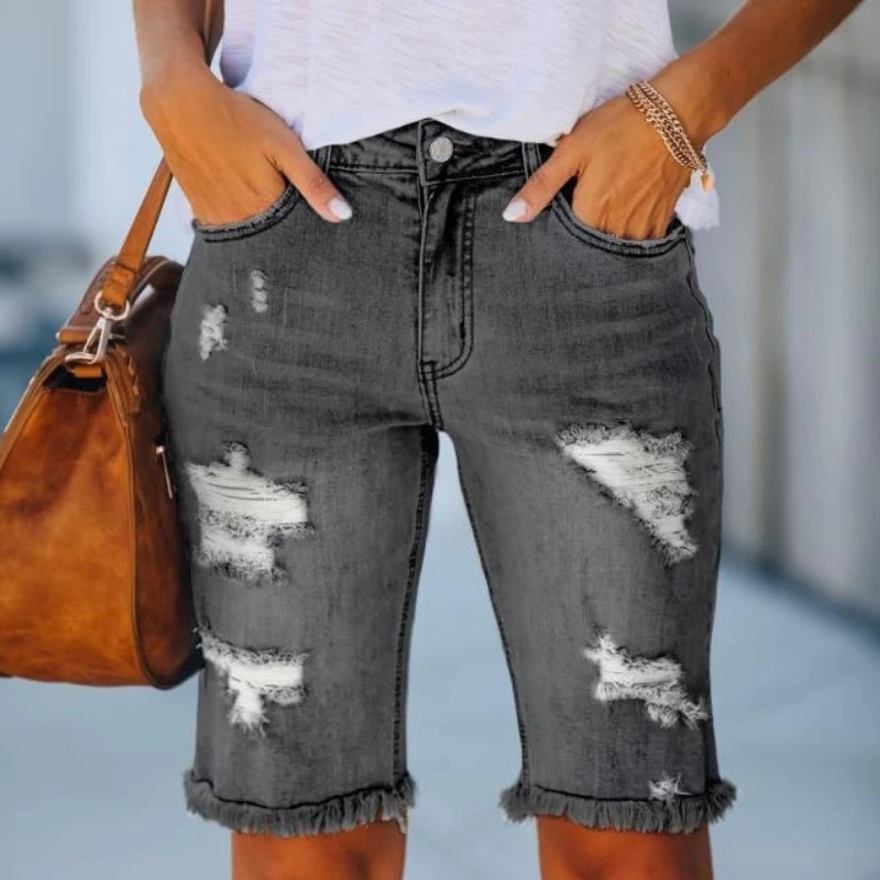Women's Denim Shorts 2024 Summer New Water Washed Perforated Burr Edge Women's Hand Abrasion Straight Leg Pants Ropa Para Mujer