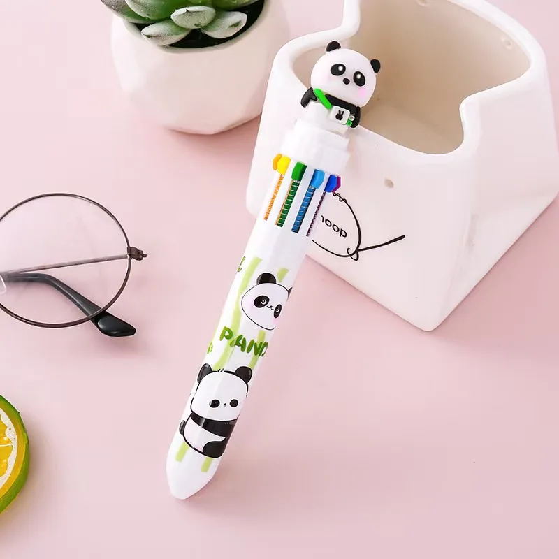 Panda-shaped 10-color gel pen, creative cartoon silicone 10-color ballpoint pen, cute click pen for students, multi-color pen fo