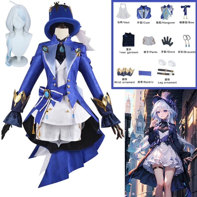 Anime Game Genshin Impact Focalors Cosplay Furina Hat Wig Hair Full Set Outfit Carnival Women's Outfit Dress Halloween Costume