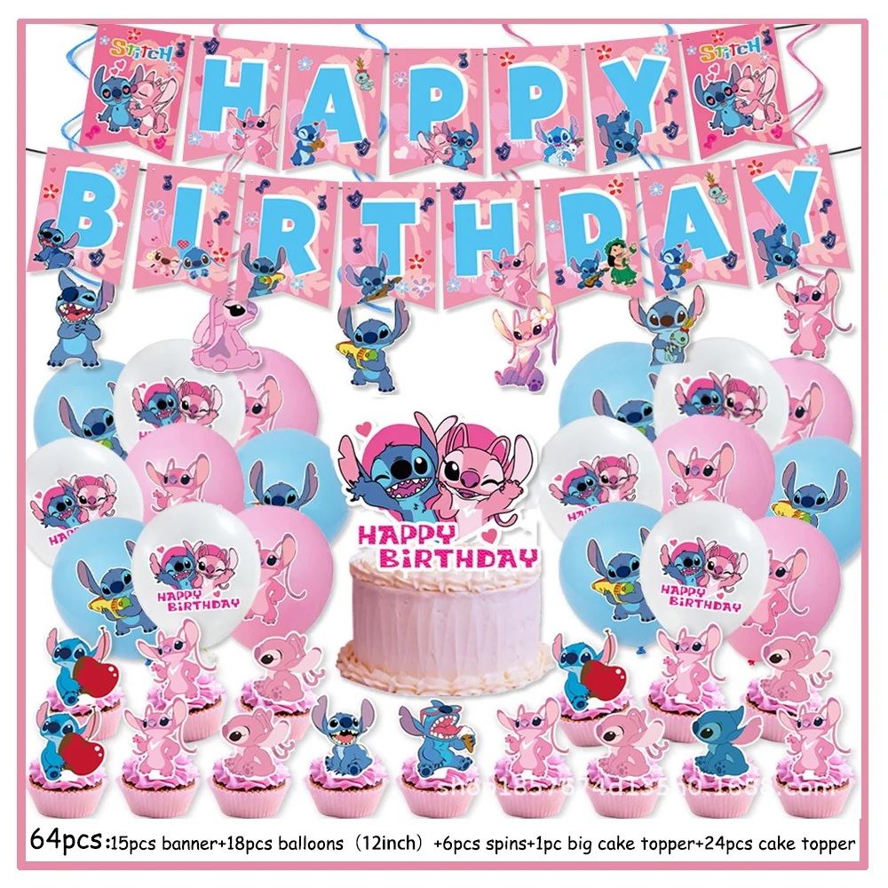 64pcs Pink Stitch & Lilo Party Disposable Tableware Stitch Party  Balloons Baby Shower Party Decorations Banners Cake Flag